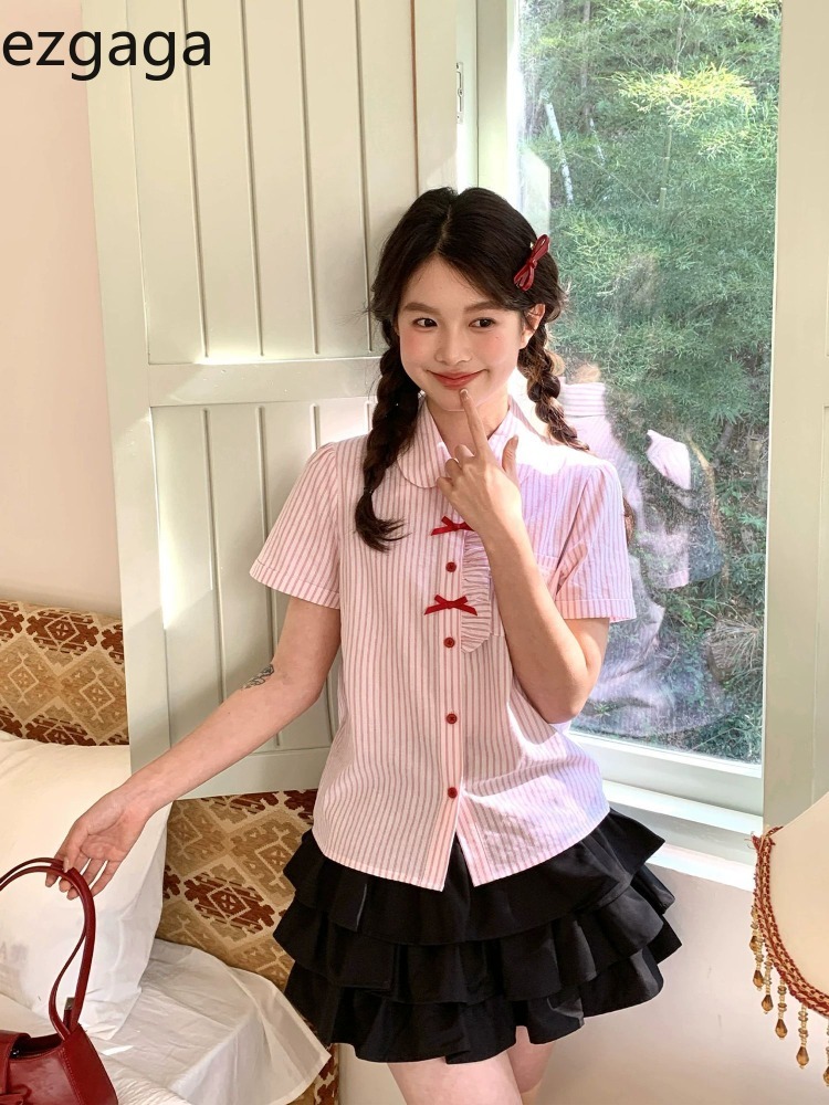 Vintage Fashion Style Female - Ezgaga Shirts Women Striped Peter Pan