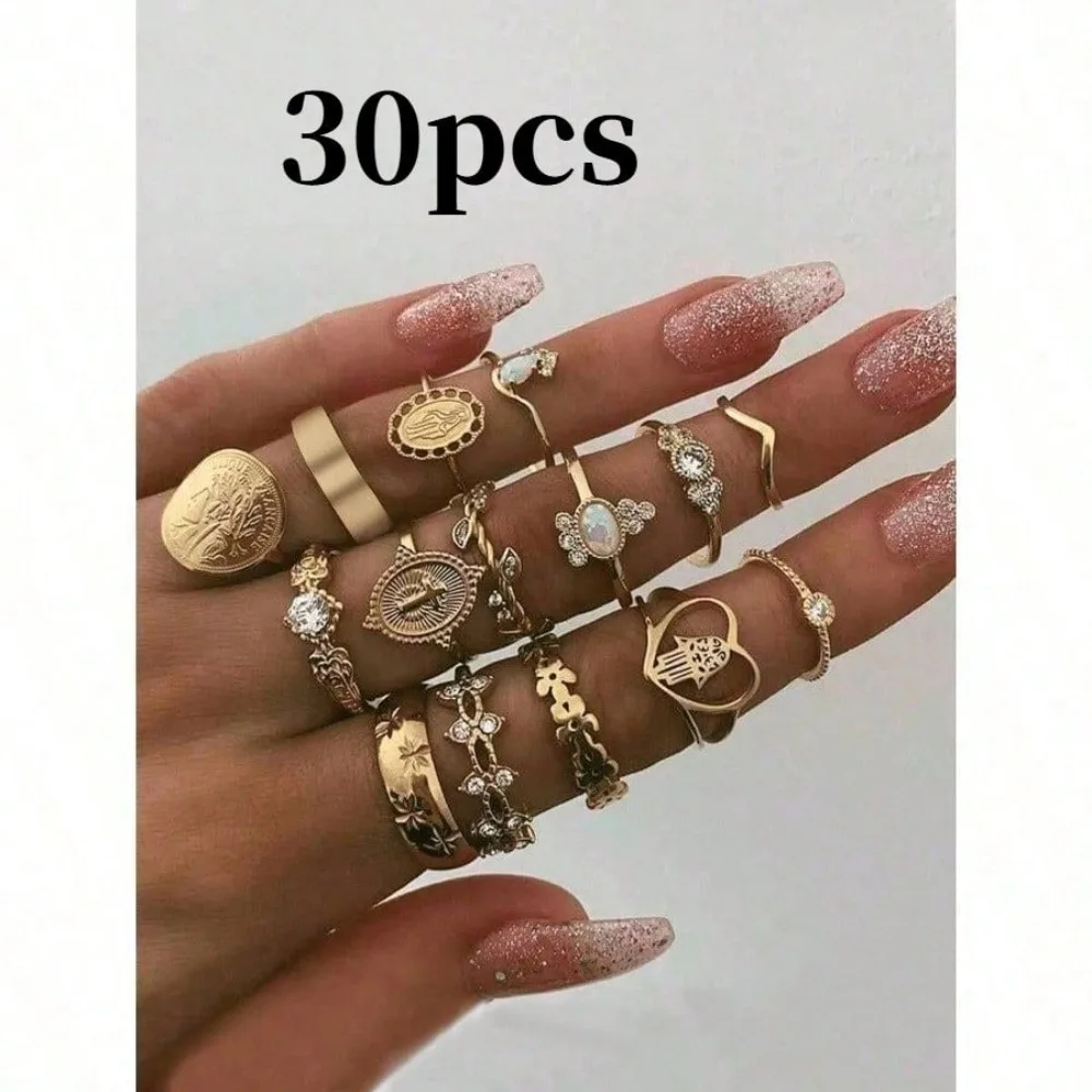 Vintage Fashion Patterns - 30Pcs Dainty Pattern Hair Ring Set,