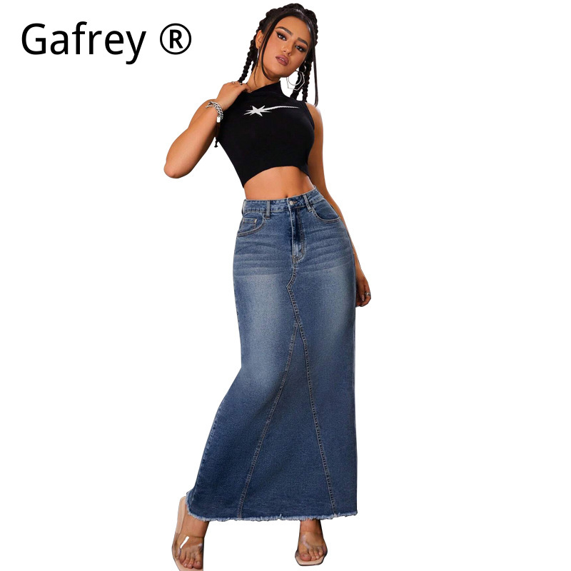 Women Denim Midi Skirt High Wa - Vintage Fashion Streetwear recension och pris